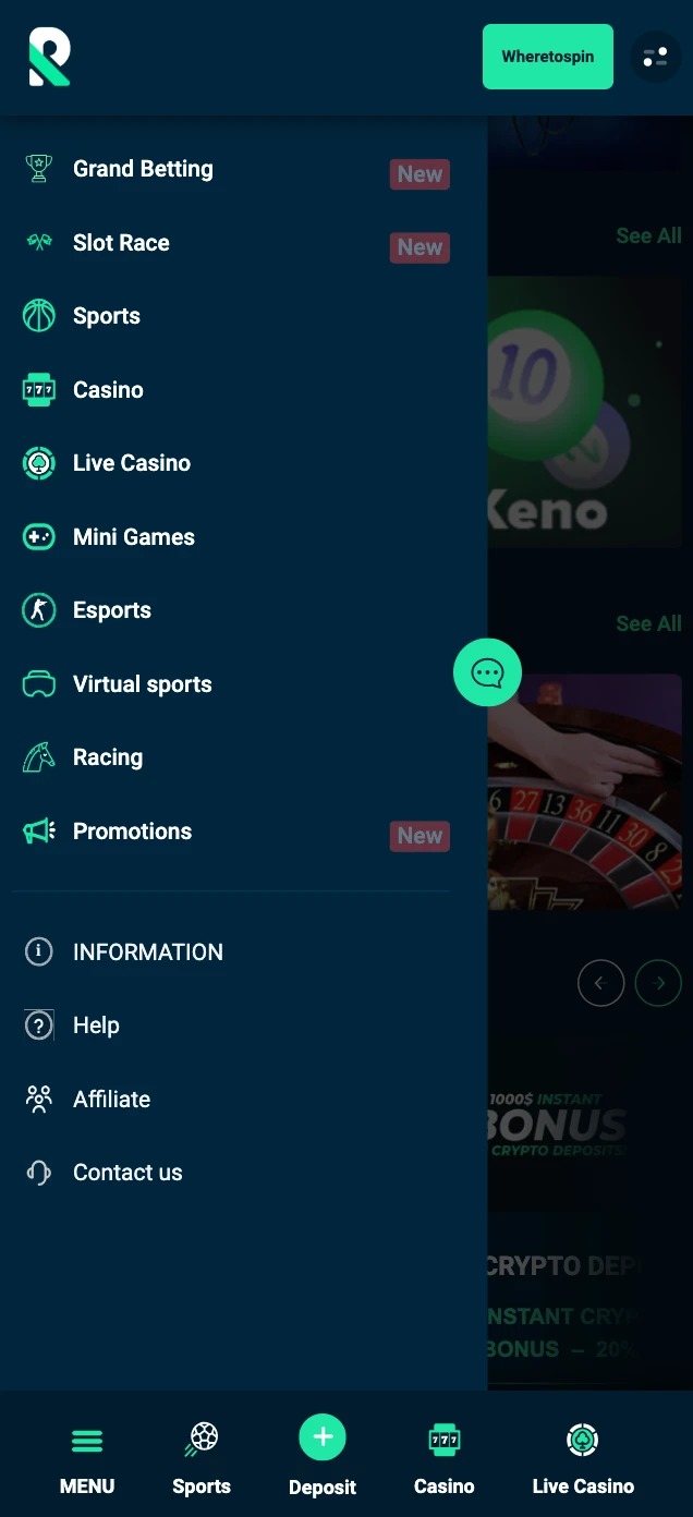 Rolletto Casino Mobile Menu Testing