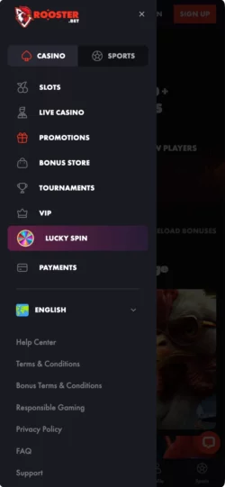 Rooster Bet Mobile Experience Menu