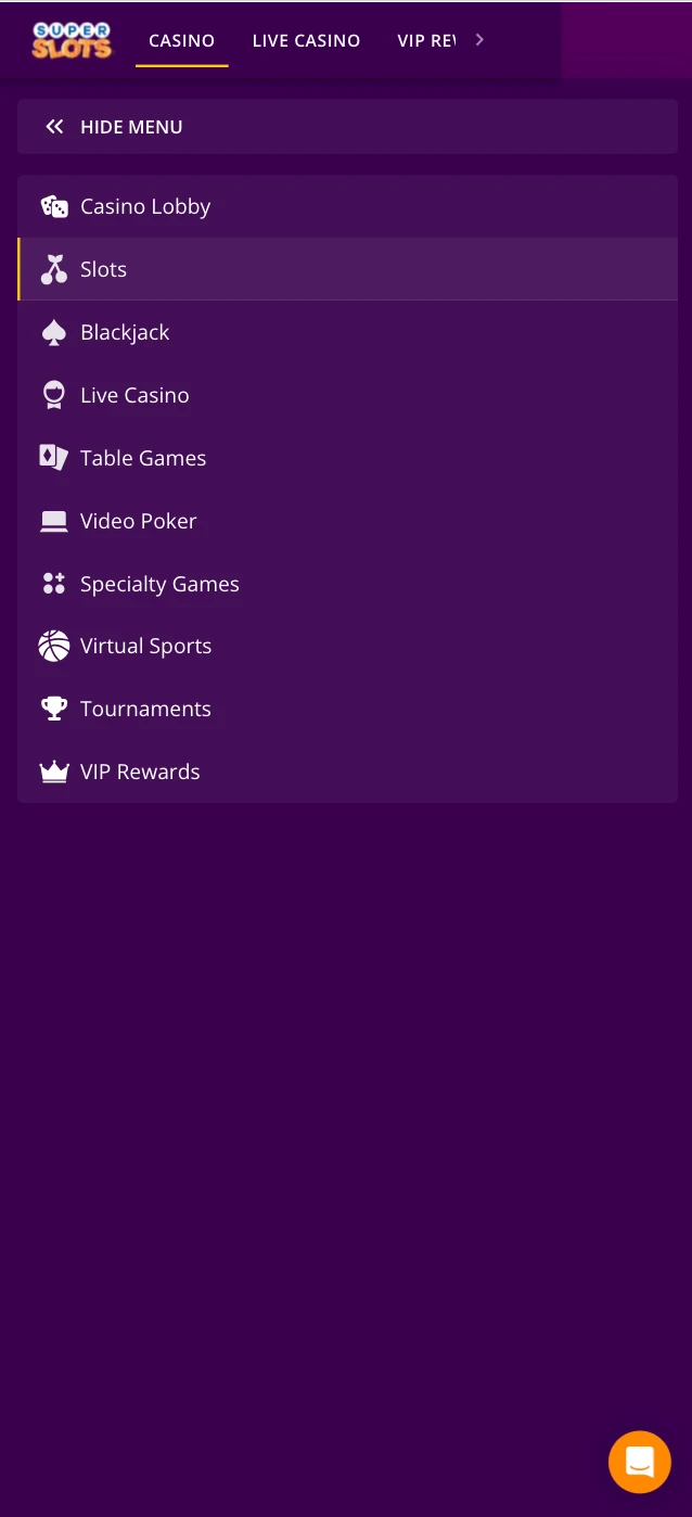Superslots Casino Mobile Menu Ui