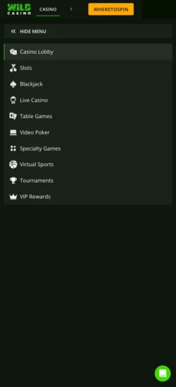 Wild Casino Mobile Menu Ui